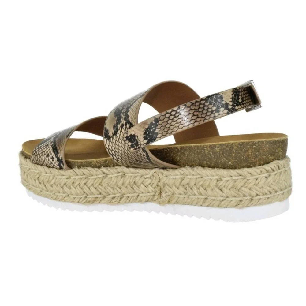 Women Wedge Platform Espadrille Sandals Beige Python Ankle Strap Open Toe SZ 10